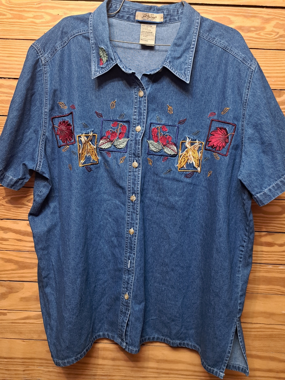 Womens Denim 100% Cotton Short Sleeve Embroidered Top Sz 18 W Farm Country
